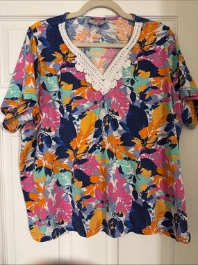 Woman Within Floral V-Neck Short Sleeve Tunic in Navy, Pink, Orange, Teal, Cream